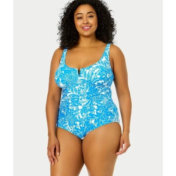 18W Plus Size Anne Cole V-Wire One-Piece Swimsuit Blue White Floral $122 - Picture 3 of 9